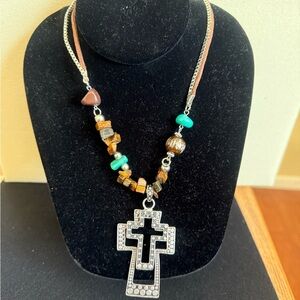 Silver Cross Pendant Necklace with Turquoise and Brown Beads